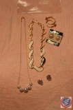 Napier Pearl and Gold Necklace and Matching Earrings, Pair of Napier Gold and Silver Earrings and