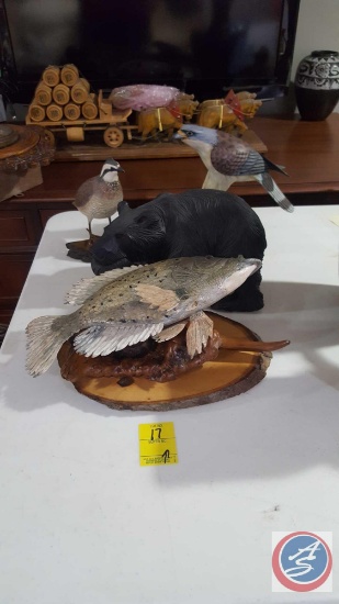 Mounted Fish Wall Hanging, Bear Carved Out of Wood, Bird Statue Engraved Robert W. Hansen and Bird