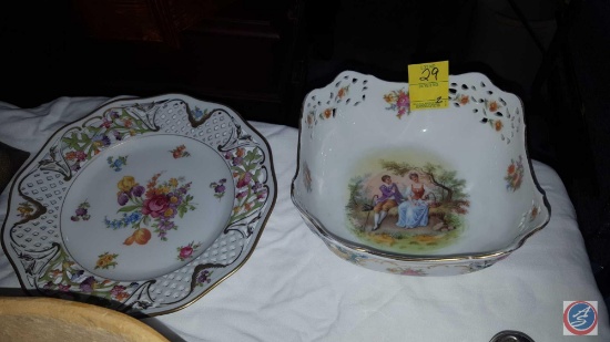 Floral Painted Porcelain Bowl with Man and Woman Sitting on Park Bench and Decorative Plate Marked