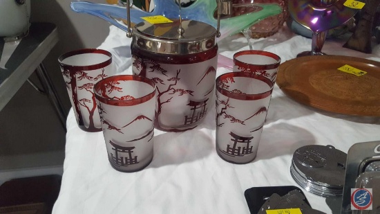 Frosted Glass Ice Bucket and (4) Glasses