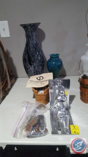 Glass Vases, Metal Book Ends, Magnifying Glass, Assorted Pocket Knives, Surgical Scissors and More