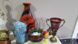 Red Cut Glass And Brass Footed Flower Vase, Flower Vase Marked JW, Apple Shaped Jar with Lid and