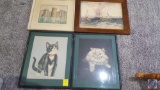 (2) Framed Kitten Signed Gladys Emerson Cook, Framed Drawing Signed Louis Hirth '50 and Framed