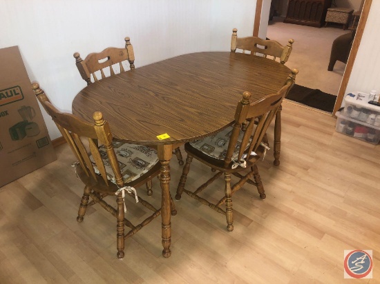 {{5X$BID}} Kitchen Table with One Leaf Measuring 59 1/2" X 36" X 30" and (4) Slat Back Chairs with