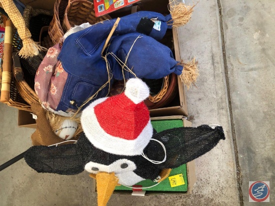 Snowman and Penguin Lighted Outdoor Decorations, Assorted Wicker Baskets, and (2) Scarecrows