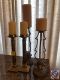 (4) Single Pillar Candle Holders, Decorative Gold Plate Measuring 24 1/2