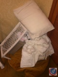 (2) Small Trash Cans, Grip Mat New in Wrapping, Plastic Side Table, Wig Holder, Assorted Blankets