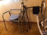 (2) Ladies Walking Canes, Helget Home Care Adjustable Walker and Drive Folding Commode