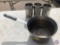 (3) Stainless Steel Steam Table Inserts and Large Dura-Ware Comfi-Cool Sauce Pan