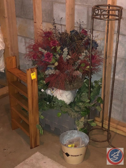 Assorted Faux Plants, Metal Plant Stand Measuring 8" X 46" and Five Tier Wooden Knick Knack Shelf