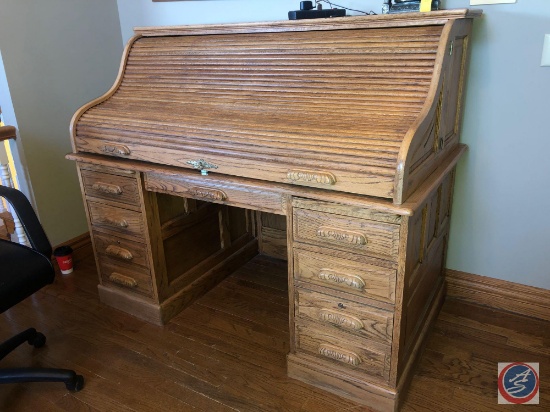 Vintage Roll Top Desk with Key Measuring 60" X 32 1/2" X 50"
