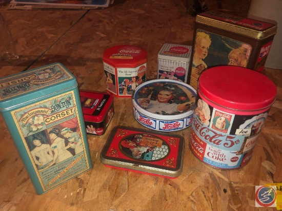 Vintage Canister Marked The Improved Bon-Ton Corset, (2) Coca-Cola For Sparkling Holidays Serving