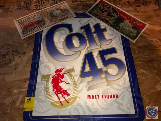 Colt 45 Malt Liquor Advertising Sign, Tabasco Brand Pickled Shrimp Advertising Sign and Vintage
