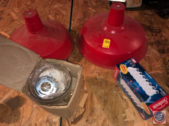 (2) 12" Red Enamelware Light Fixtures, Glass Light Fixture and Sunbeam 60 Watt Light Bulbs