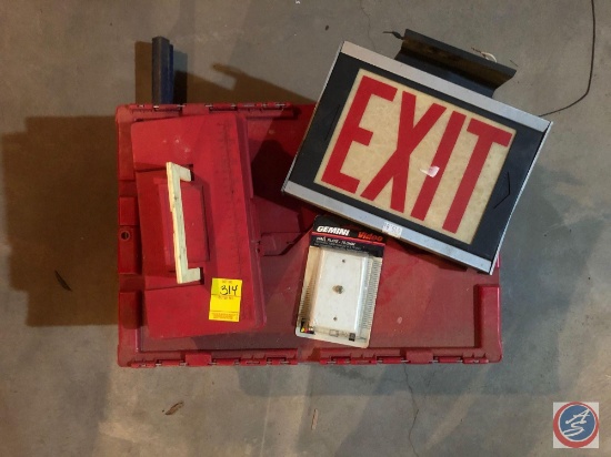 Exit Sign, Tool Box Including Assorted Knobs and Hardware, Roller Stand and Assorted Pieces of PVC