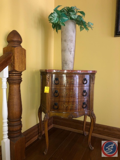 Three Drawer Side Table with Marble Top Measuring 21" X 13" X 28", Large Wreath, Small Faux Plant in