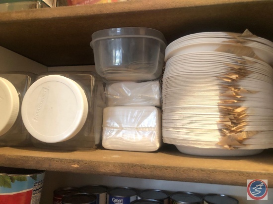 (4) Wire Bail Canisters (2) Green and (2) Beige, Assorted Plastic Cutlery, Medium Sized Trash Can