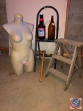 Female Torso Manequin, Large Glass Budweiser Bottle with Plastic Lid, Large Amber Glass Wine Bottle,