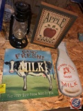 V&O Kerosene Lantern, Dairy Fresh Milk Advertising Sign, Wooden Shaker Apple Seeds Sign and Hickory