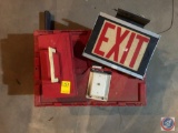 Exit Sign, Tool Box Including Assorted Knobs and Hardware, Roller Stand and Assorted Pieces of PVC