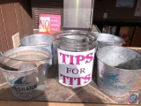 (4) Landshark Lager Beer Buckets, (1) Budweiser Beer Bucket and Tip Jar