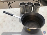 (3) Stainless Steel Steam Table Inserts and Large Dura-Ware Comfi-Cool Sauce Pan