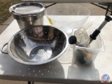 Large Colander, Large Clear Plastic Bowl, (2) Condiment Pump Handles, Stainless Steel Steam Table