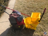 (2) Commercial Mop Buckets, Assortment of Mop Heads, One Quick Change Mop Handle