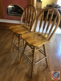 {{2X$BID}} (2) Wood High Back Swiveling Bar Stools Marked 18035 Measuring 47
