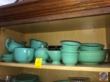 1989-2005 Homer Laughlin Sea Mist Green Fiestaware Including Open Sauce Boat, Footed Creamer Dish,