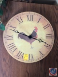 Rooster Hanging Wall Clock and Faux Plant in Wicker Planter