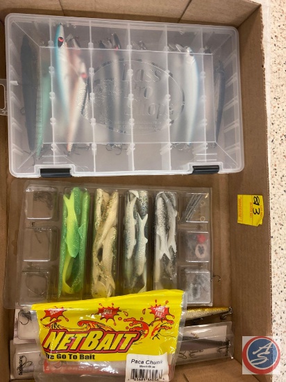 Bass Pro Shop Tackle Box with Bait, Rick Clunn Stealth Flash, Netbait Paca Chunk, and Other Bait
