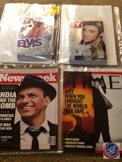 TWO TV guides Elvis cover; Frank Sinatra on v=cover of Newsweek' Frank Sinatra on cover of Time