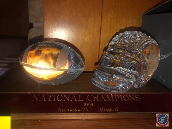 1994 Nebraska National Championship Waterford Crystal Helmet and Football on Plaque