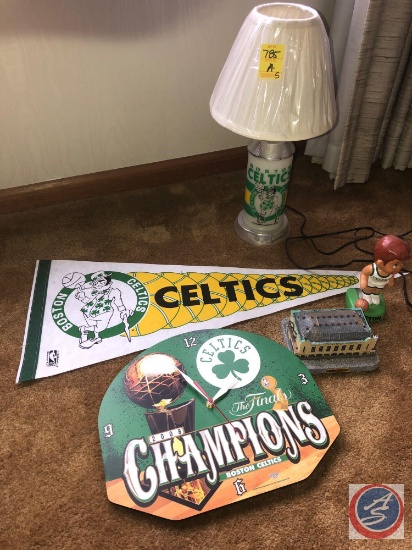 Vintage Boston Celtics Lamp, 2008 Celtics Finals Champion Wall Clock, Celtic Flag, Boston Celtics