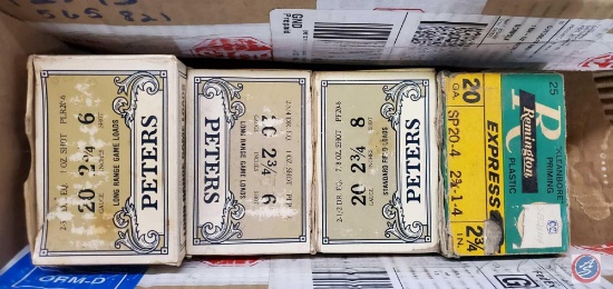 Remington Express 20 ga shotgun shells box full, (3) Peters 20 ga shotgun shells, full,