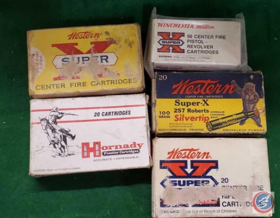 Hornady 7 x 57 box, Western Super X 7mm Mauser, Western 257 box w/ shells, Winchester 357 magnum box