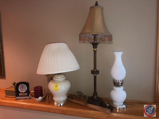 Hobnail Milk Glass Lamp, Louisville Slugger Bat, Decorations, (2) More Lamps