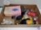 Flat including small toys, figurines, vintage toddler shoes in box, etc.