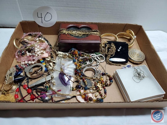 Vintage jewelry lot necklaces, pinking shears, charms, bangles