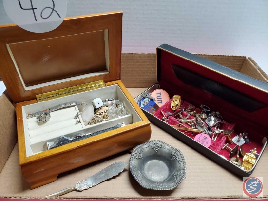 Jewelry Boxes with costume jewelry and cuff links, trinket dish