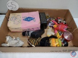 Flat including small toys, figurines, vintage toddler shoes in box, etc.