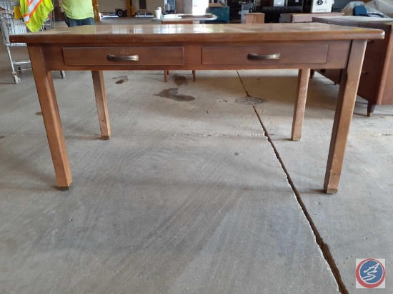 Antique / vintage wood table with two drawers. Made by Jasper Office Furniture Co., Jasper, Indiana;