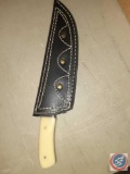 Fixed Blade Damascus Knife with Oklahoma Seal Leather Sheath