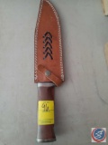 Fixed Blade Damascus Knife with Oklahoma Seal Leather Sheath
