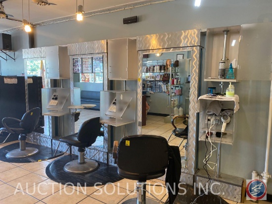 {{3X$Bid}} Three Station Salon Bays with Rotating Storage Space and Electric Hook-up with Mirrors
