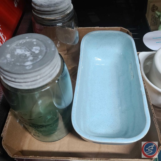 Vintage Mason jars, Brush USA Powder blue speckled pottery