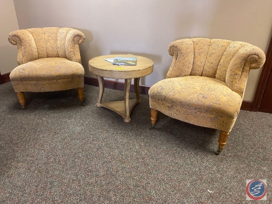 {{2X$BID}} Kravet Furniture Upholstered Chairs on Casters Measuring 30'' and Circular Side Table