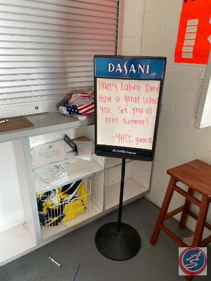 Sunscreen, Pool and Spa Water Chemistry Set, Assorted First Aid Supplies, Dasani White Board Sign