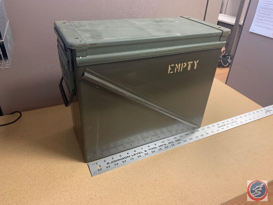 Military Issue Ammo Can - Used Measures 18 inches x 15 inches x 7 1/2 inches wide.